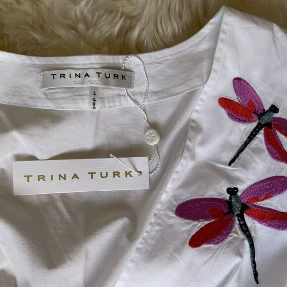 Trina Turk embroidered dragonfly balloon sleeve top SIZE L $220 - Picture 3 of 4